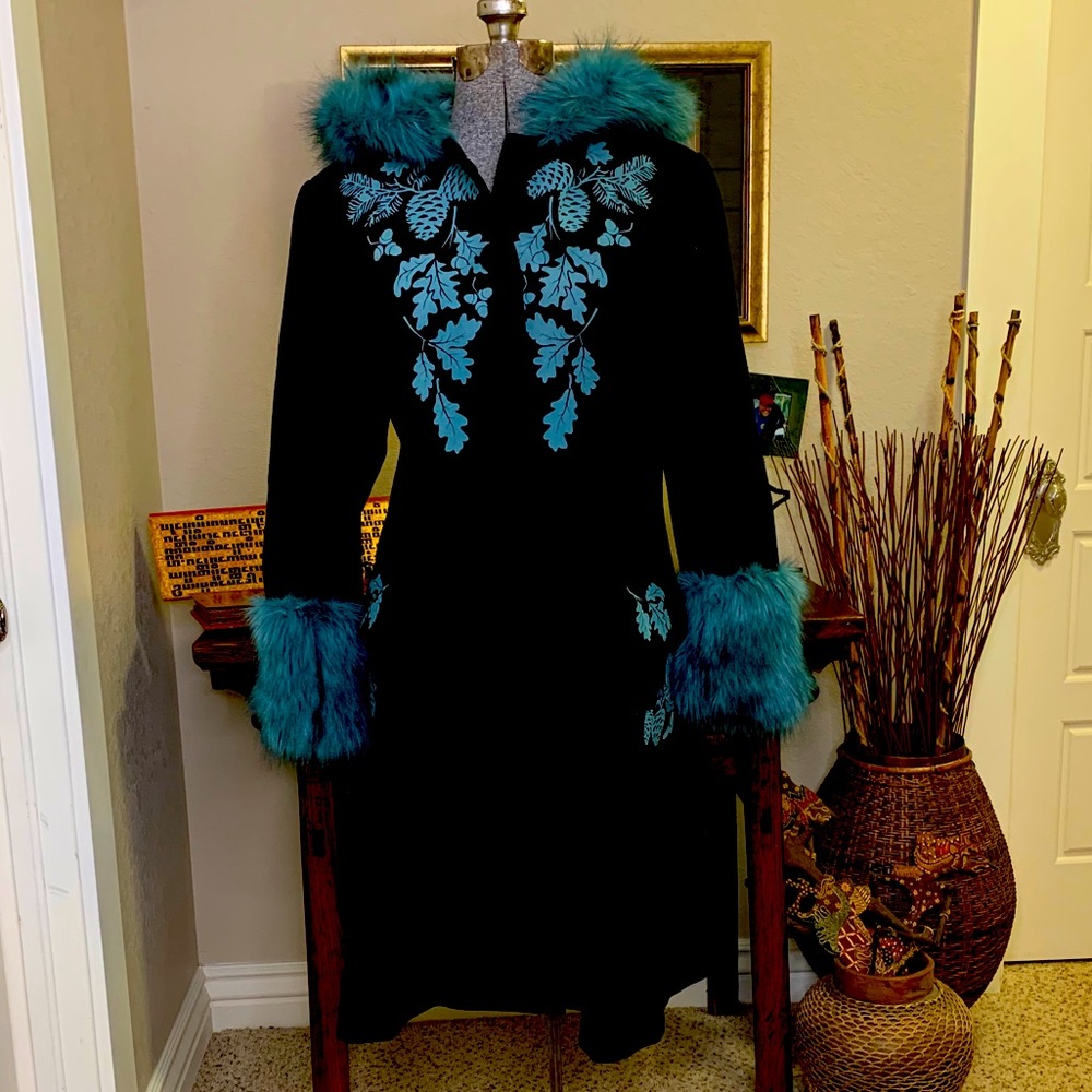 Hell Bunny Teal Fur and Embroidered Coat